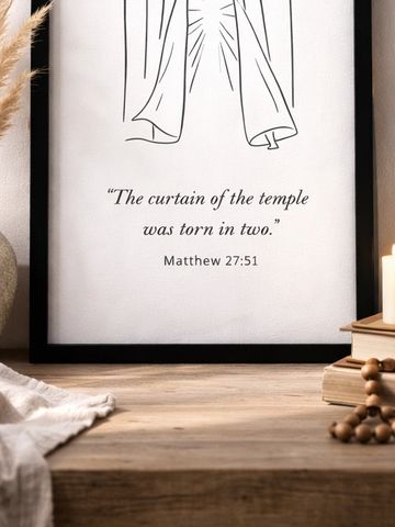 Minimalist framed prints of a torn temple curtain with a biblical quote.