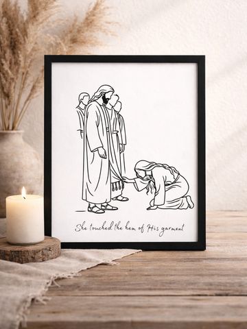 Framed line art of a woman touching Jesus' garment hem with caption below.