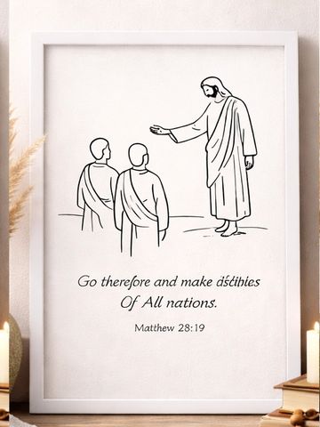 Three framed line art prints of Jesus with a biblical verse, each in different colored frames.