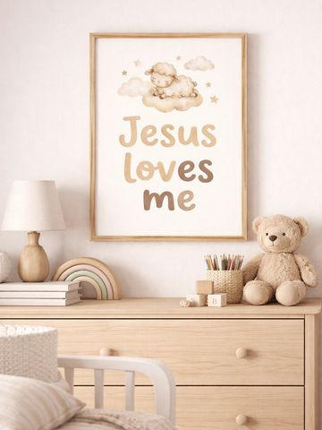 A cozy nursery with a framed 'Jesus loves me' print and soft toys.