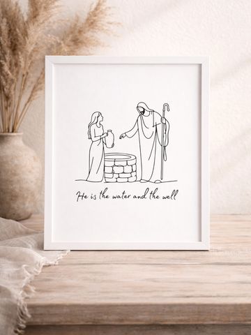 Minimalist line art of Jesus and a woman at a well with a spiritual quote.