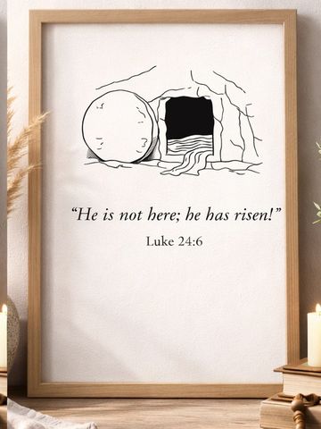 Illustration of an empty tomb with a biblical quote from Luke 24:6.