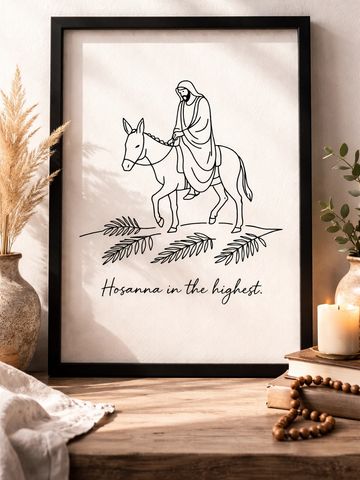 Framed minimalist line art of Jesus on a donkey with 'Hosanna in the highest' text.