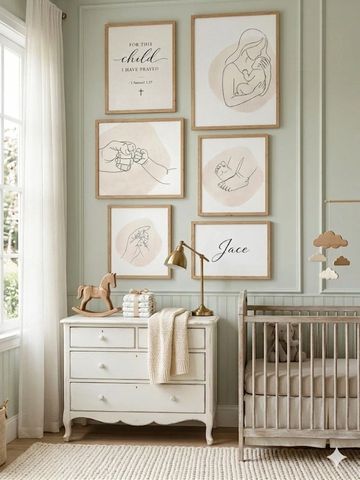 Cozy neutral-toned nursery with framed baby-themed art and wooden crib.