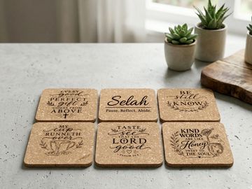 Cork coasters with inspirational religious quotes.