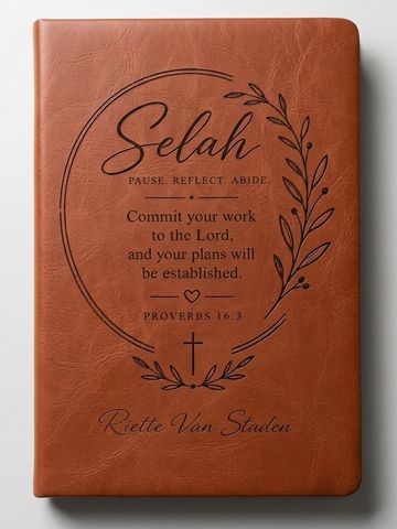 Brown leather journal with an inspirational Bible verse on the cover.