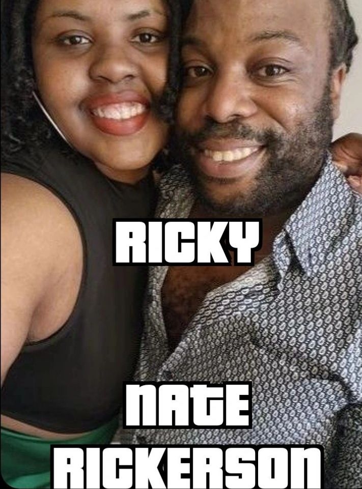 Smiling couple posing together with text overlay naming Ricky Nate Rickerson.