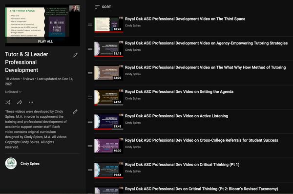 Screenshot of a YouTube Playlist for Cindy Spires' professional development videos  for academic sup