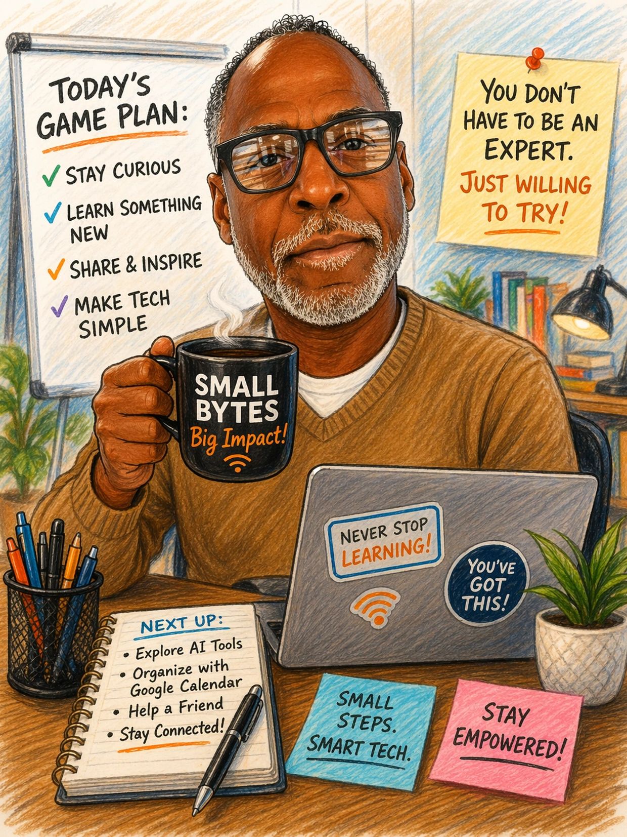 Man holding coffee with motivational tech learning notes around him.