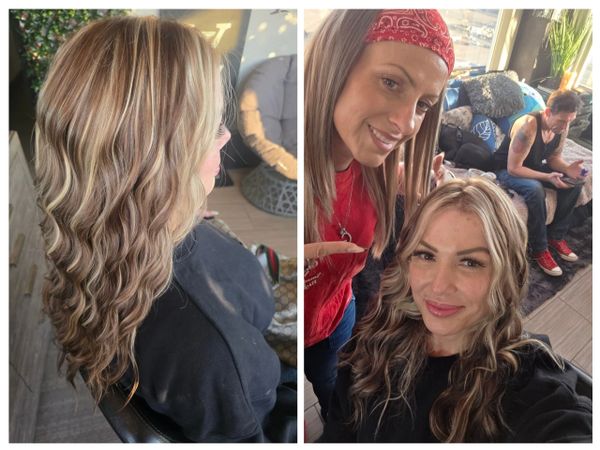 Two photos show a woman with freshly styled wavy hair and highlights, smiling with her hairstylist.