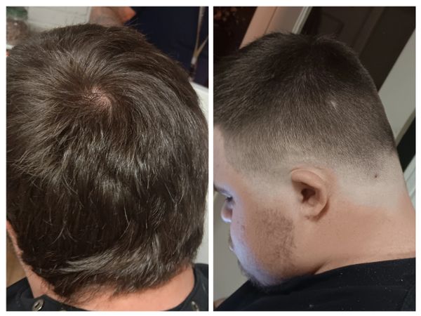 Before and after haircut showing transformation from long to short hair.