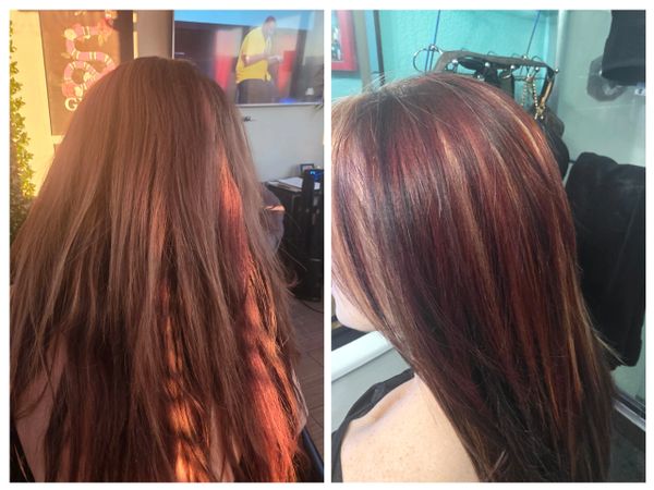 Before and after images of a hair transformation with added highlights.