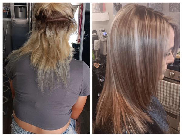 Before and after hair transformation from uneven blonde to smooth brunette.