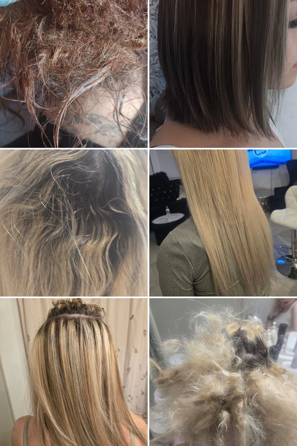 Before and after hair transformations showing damaged and smooth hair.