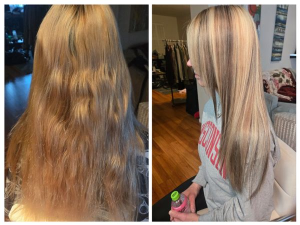 Before and after hair transformation showing frizzy to smooth, straightened hair.