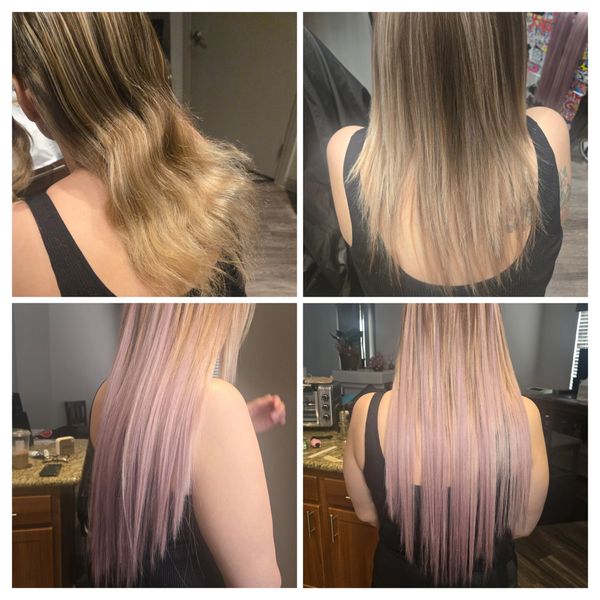 A hair transformation from frizzy to sleek with a soft pink ombre.