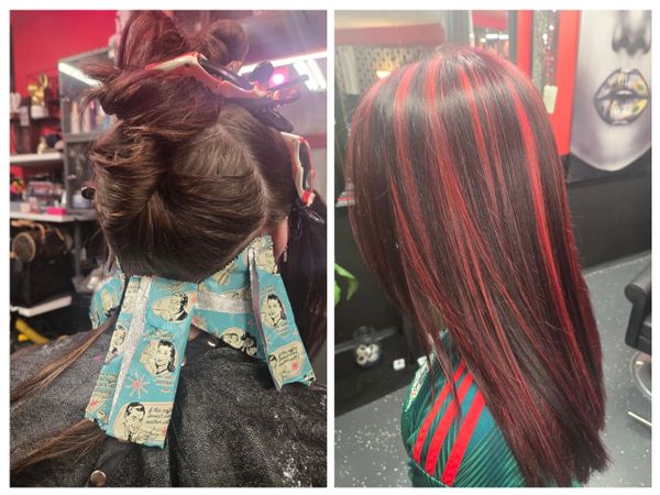 Before and after hair coloring with red highlights and vintage foil wraps.