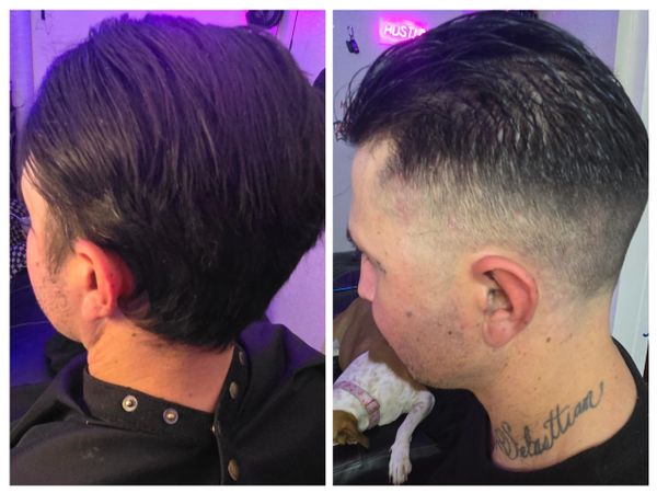 Before and after haircut showing a transition from long to short sides.