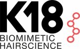 Logo of K18 Biomimetic Hairscience with molecular design.