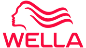 Red Wella logo with a stylized female profile and flowing hair lines.
