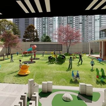Modern playground with children playing and adults supervising in an urban garden area. parques orgánicos, parques lúdicos y parques recreativos