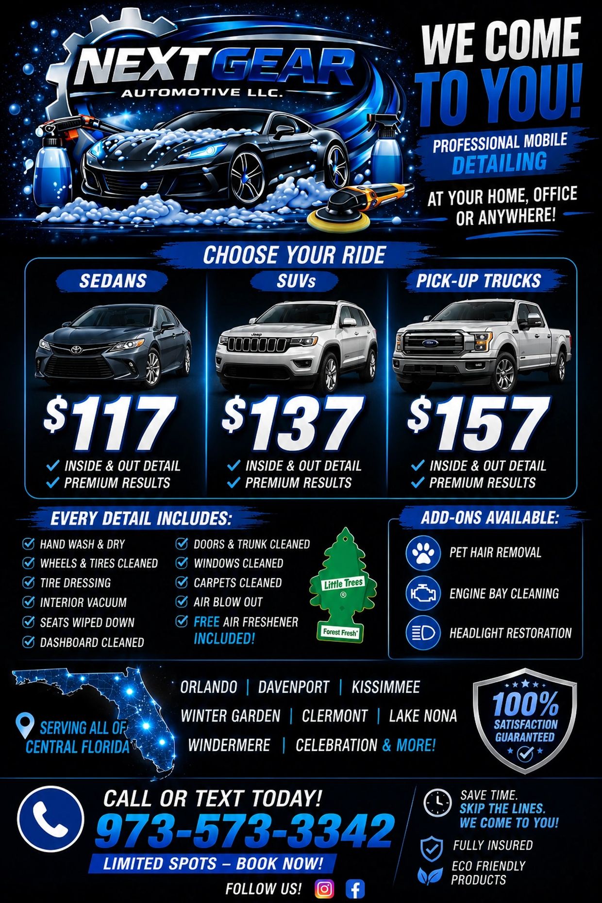 Next Gear Automotive LLC offers professional mobile car detailing in Central Florida with services for sedans, SUVs, and pickup trucks.