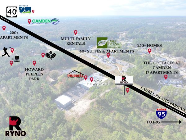 Aerial view showing residential and recreational locations near Laurel Island Parkway.