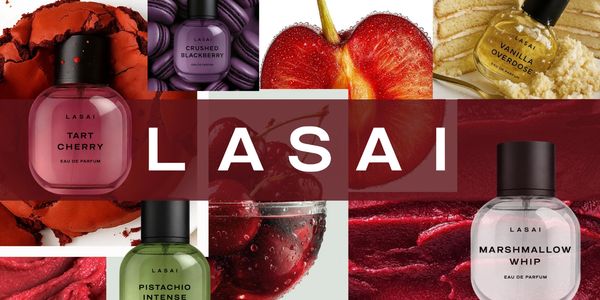 A collage of LASAI perfumes with vibrant fruit and dessert inspirations.