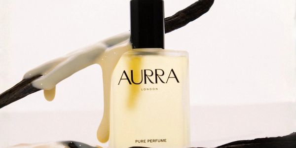 AURRA London pure perfume bottle with creamy vanilla pods.
