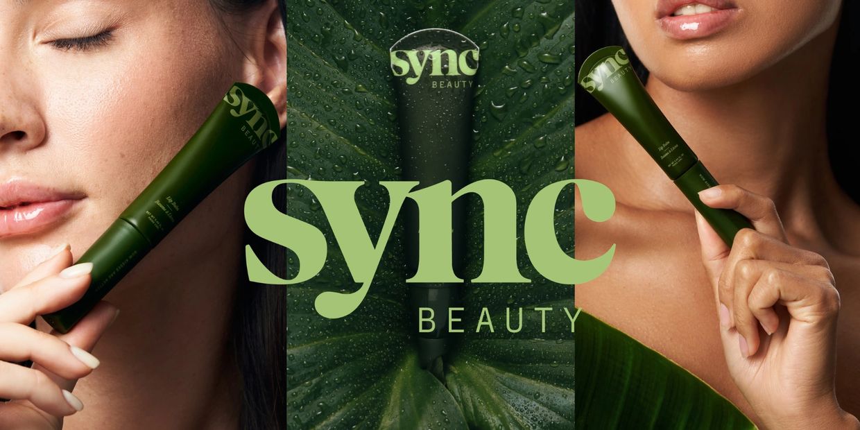 Close-up shots of a green Sync Beauty product held by women with natural makeup.