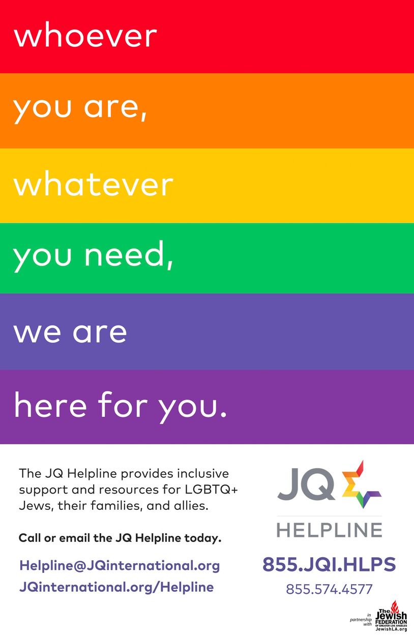 Support helpline for LGBTQ+ Jews and allies with rainbow colors and contact info.