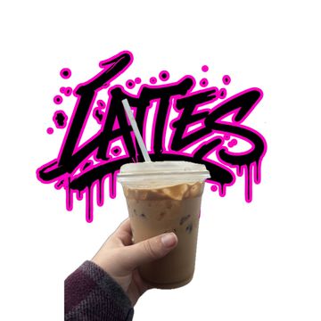 Hand holding iced latte with graffiti text 'Lattés'.