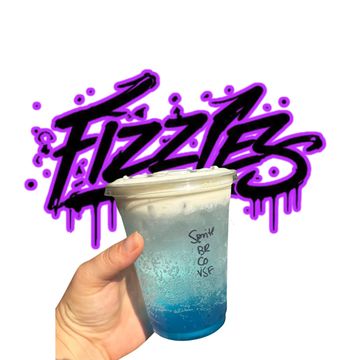 Hand holding a blue and white drink cup with graffiti background.