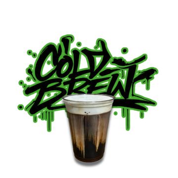 Cup of cold brew coffee with graffiti text.