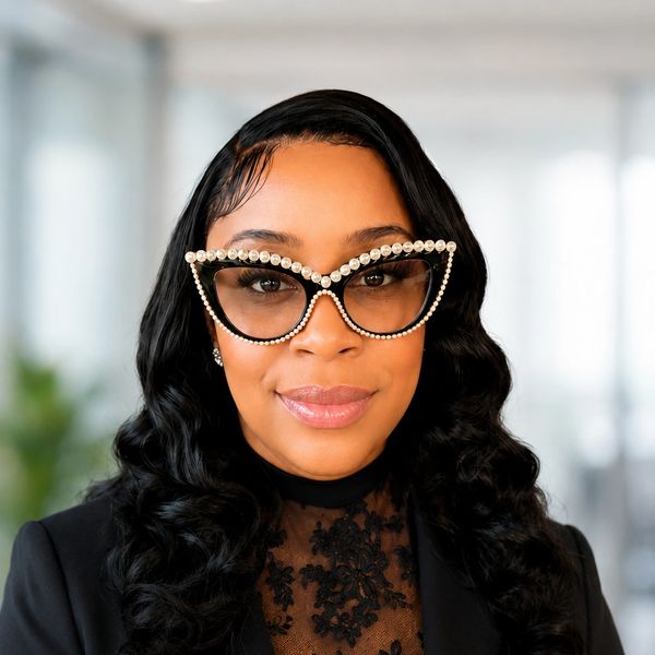 Woman wearing stylish pearl-embellished cat-eye glasses and black lace top.
