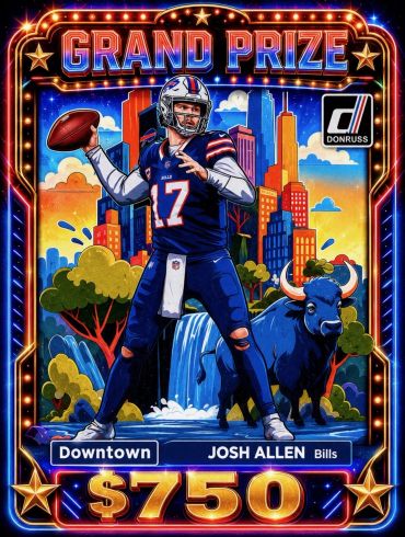 Josh Allen football card with $750 grand prize theme.