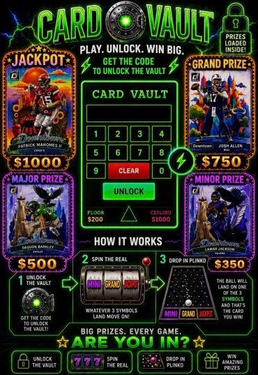 Card Vault promotional game featuring NFL stars and cash prizes.