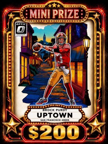 Football card of Brock Purdy with a $200 mini prize design.
