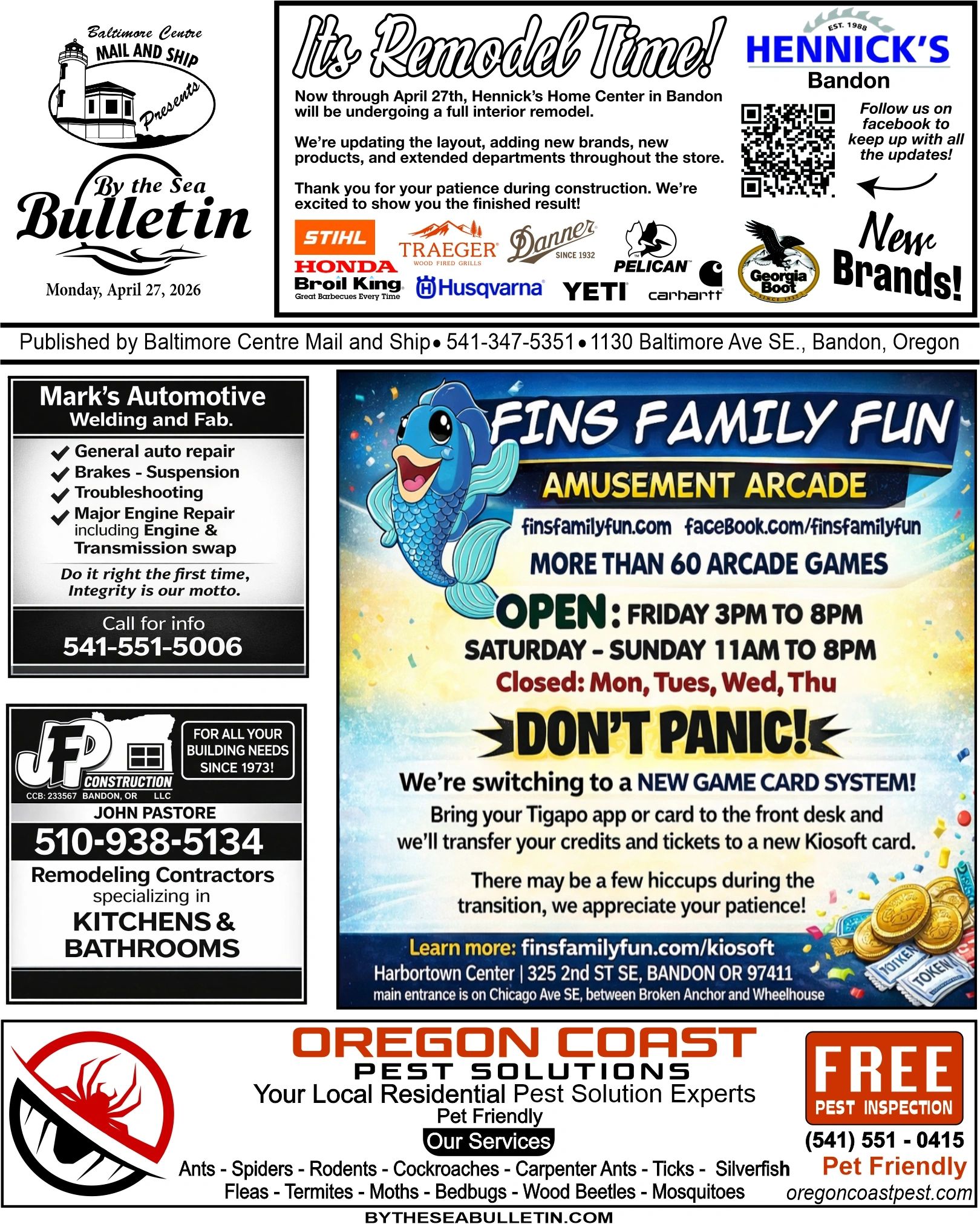 Local ads for remodeling, family fun arcade, automotive repair, and pest control services in Bandon, Oregon.