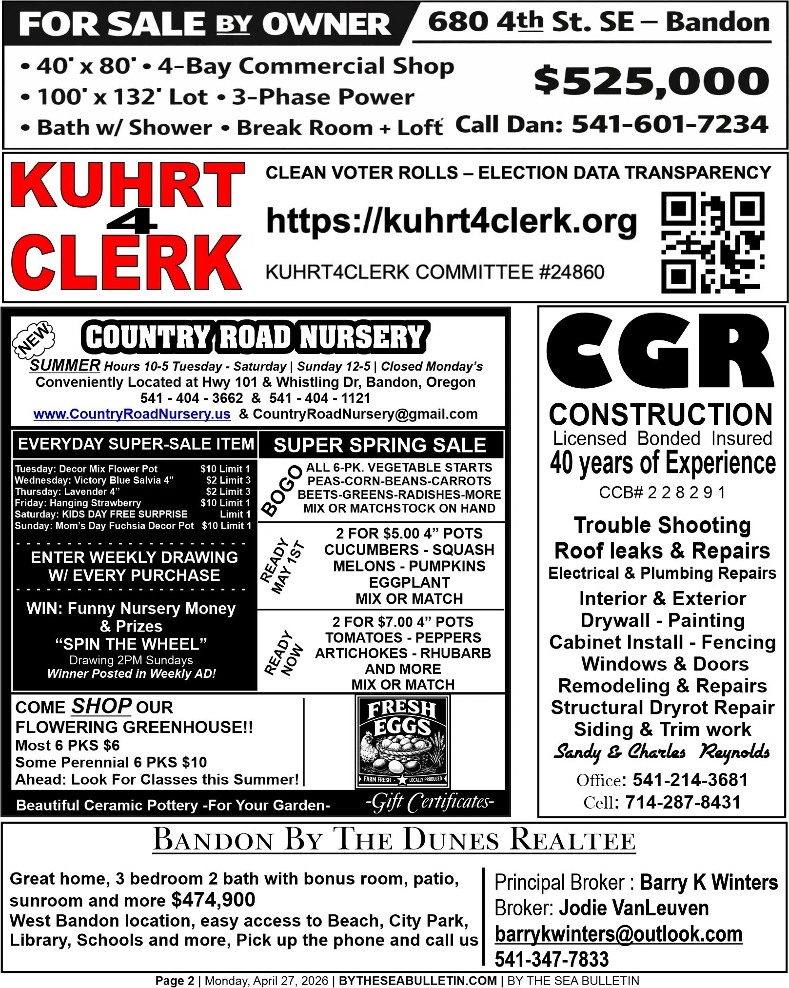 Classified ads featuring real estate, nursery sales, construction services, and election campaign.