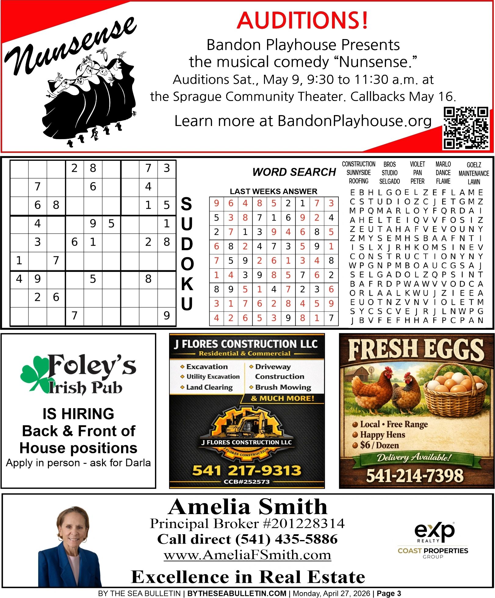 A community bulletin featuring auditions, puzzles, job ads, and local services with a real estate ad at the bottom.