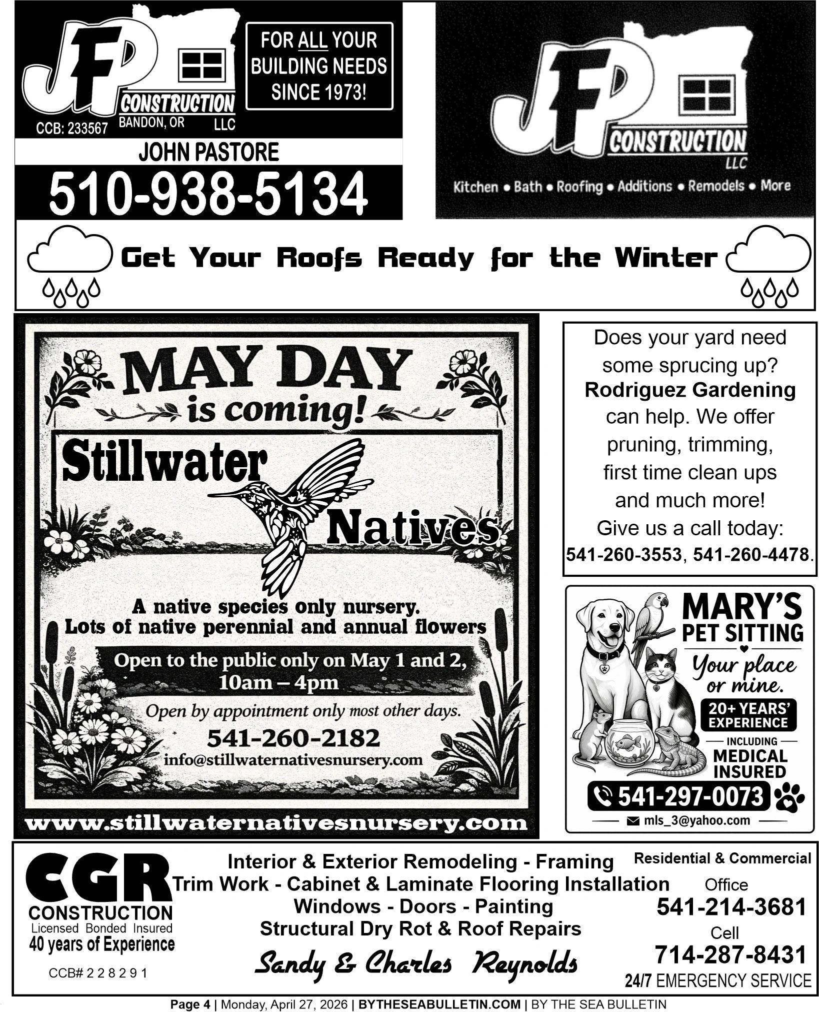 Collage of local business ads including construction, gardening, pet sitting, and native plant nursery.