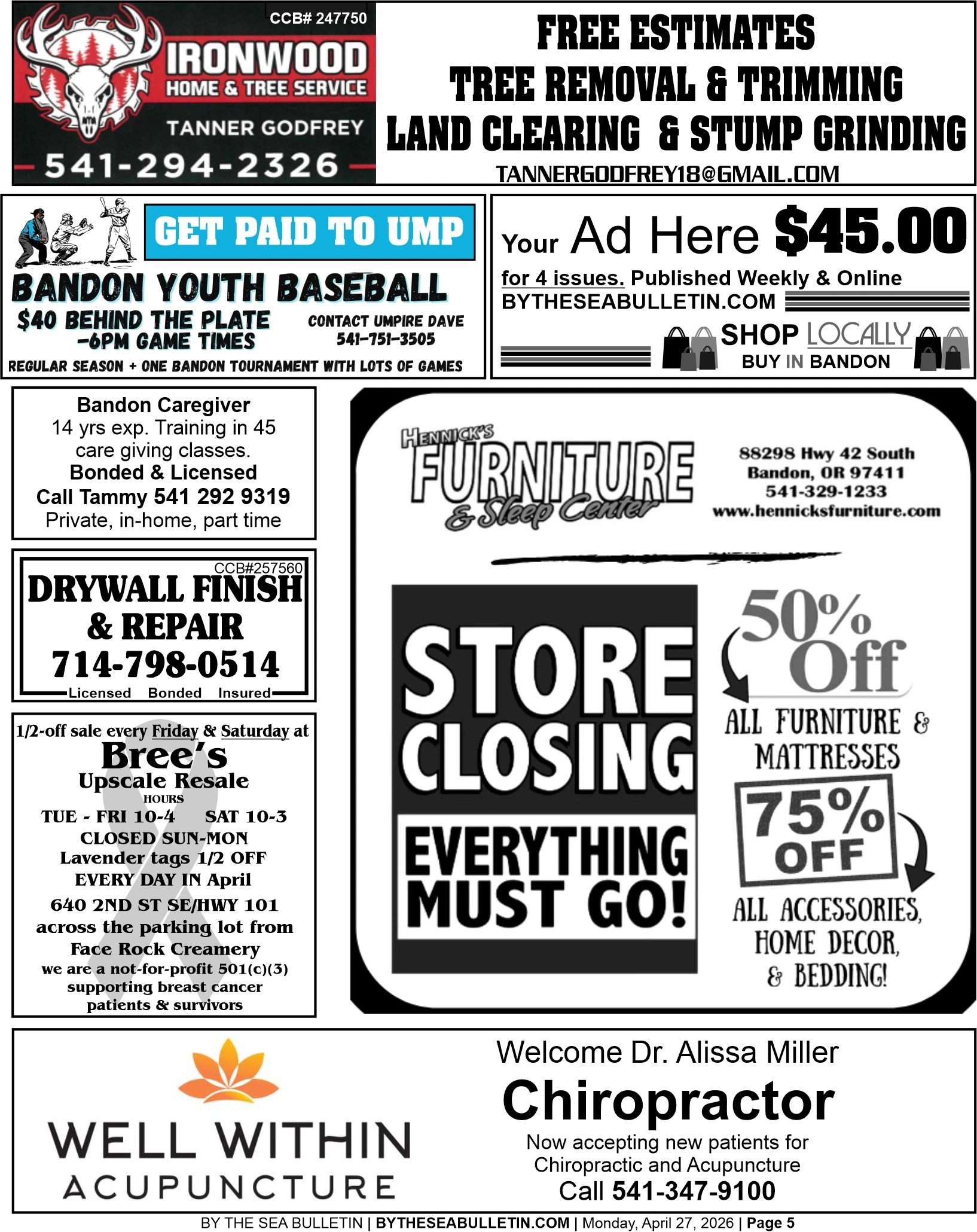 Local ads for services, sales, and job opportunities in Bandon area.