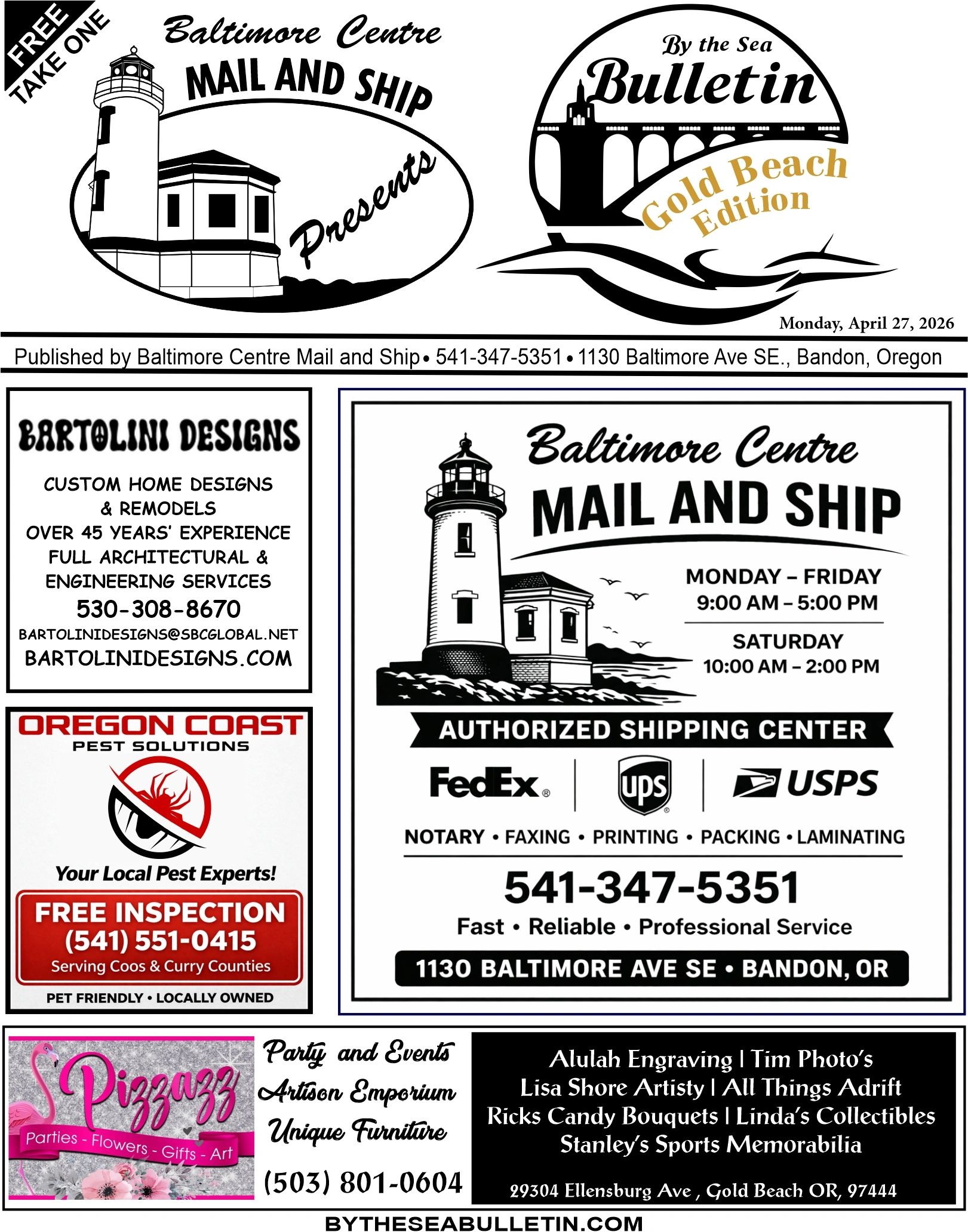 Baltimore Centre Mail and Ship bulletin with local ads and contact information in Oregon.