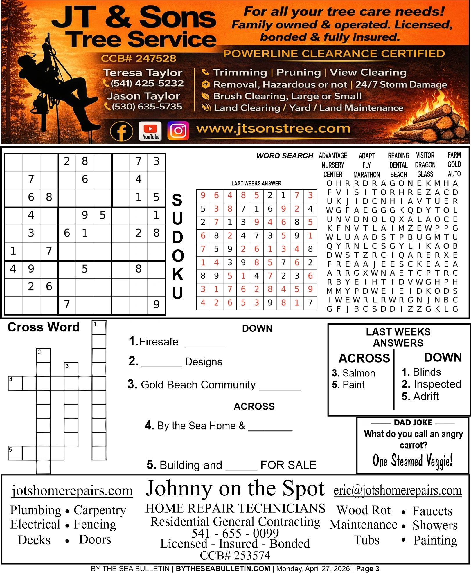 Tree service ad, puzzles, crossword, and home repair ad in a bulletin.