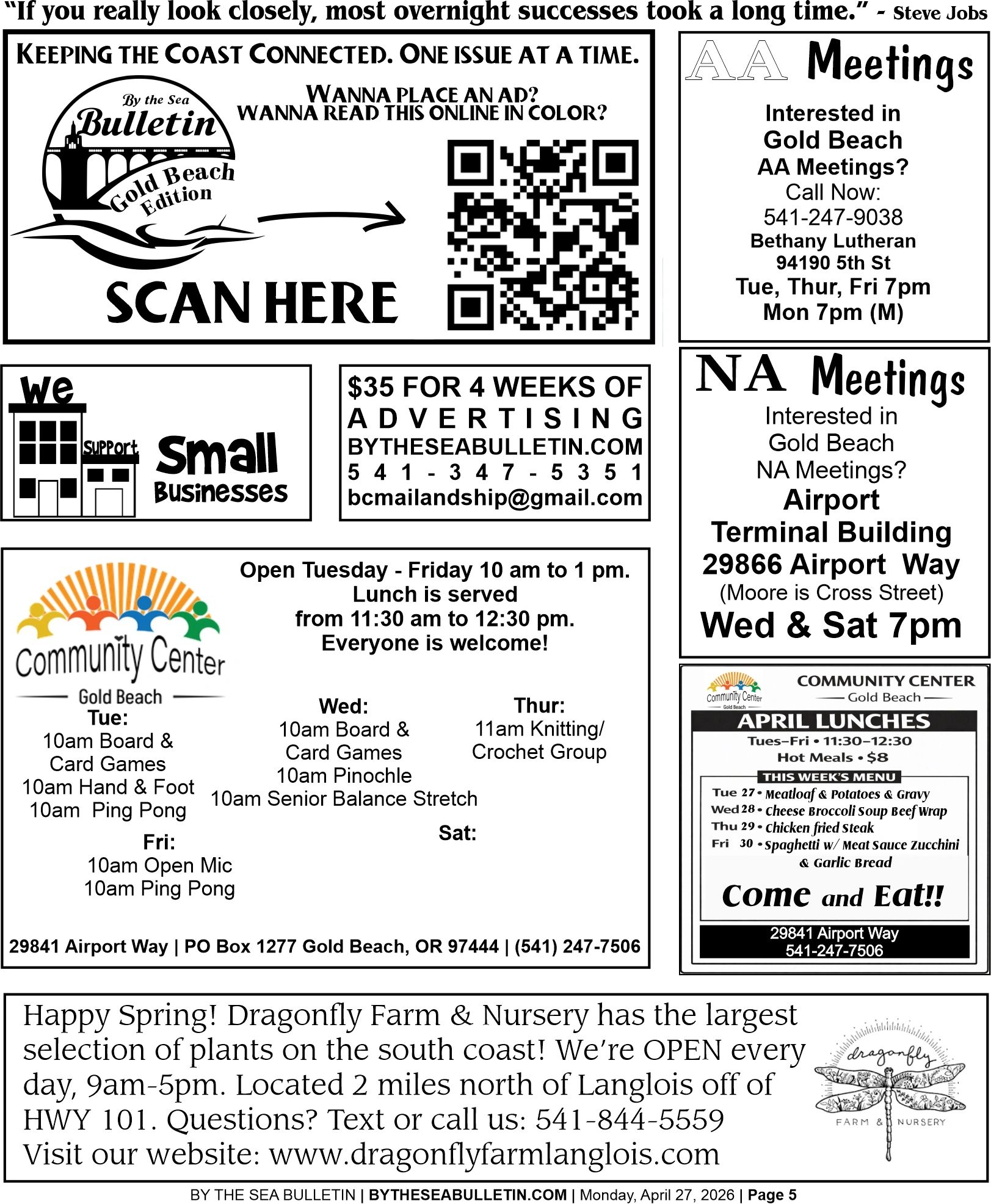 Community events, AA and NA meetings, and local ads in Gold Beach By the Sea Bulletin.
