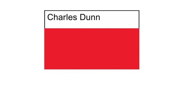 A name tag with 'Charles Dunn' above a red block.