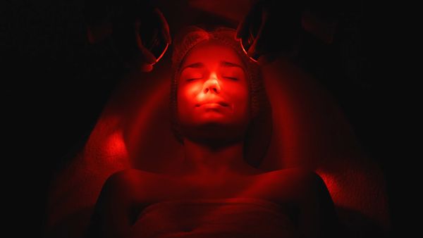 Woman's face bathed in red light during a therapy session