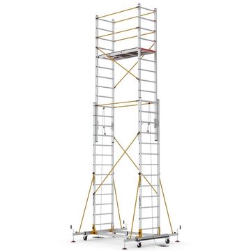 Tall aluminum scaffold tower with safety rails and wheels for mobility.