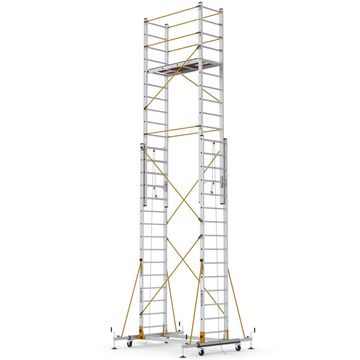 Tall aluminum scaffolding tower with wheels and safety rails.